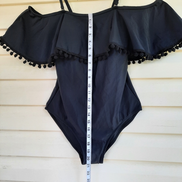 Tempt Me Black One Piece Pom Pom Ruffle Swimsuit Off Shoulder Swimwear Size M - Picture 6 of 12